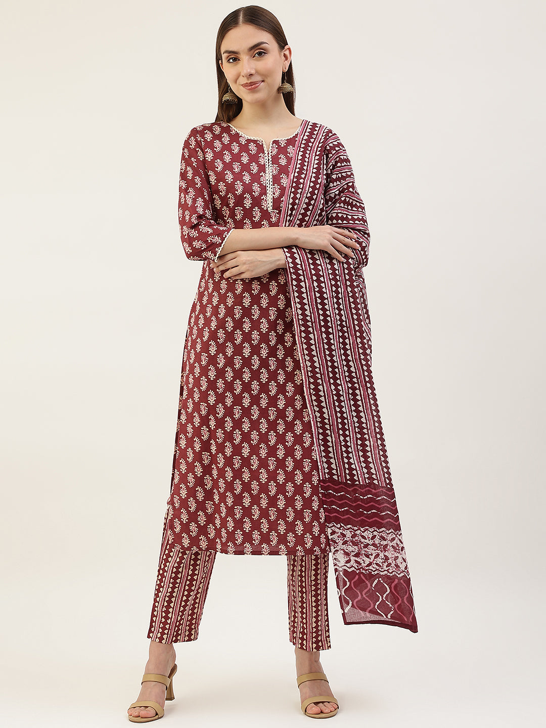 Maroon-Cotton-Straight-3-Piece-Kurta-Set