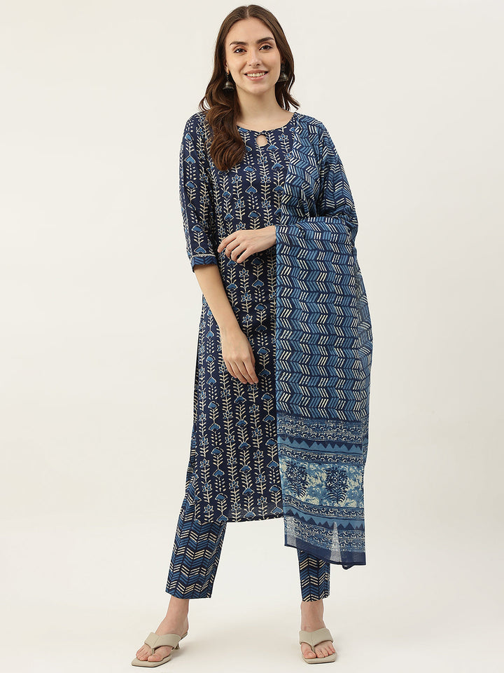 Blue-Pure-Cotton-Straight-3-Piece-Kurta-Set