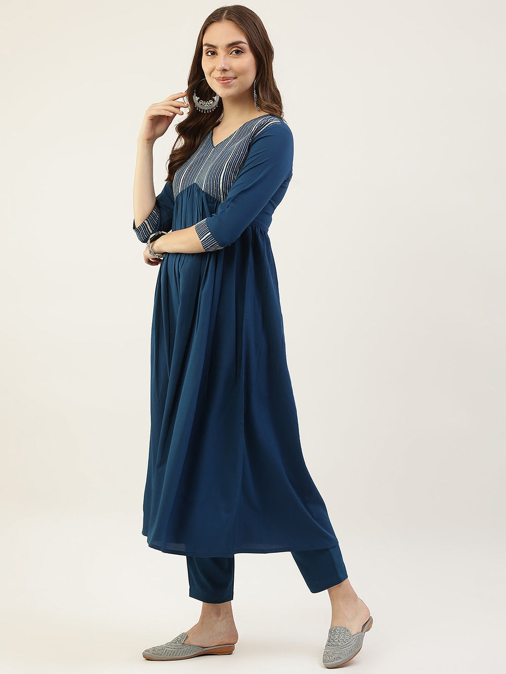 Teal-Blue-Poly-Crepe-Straight-3-Piece-Kurta-Set