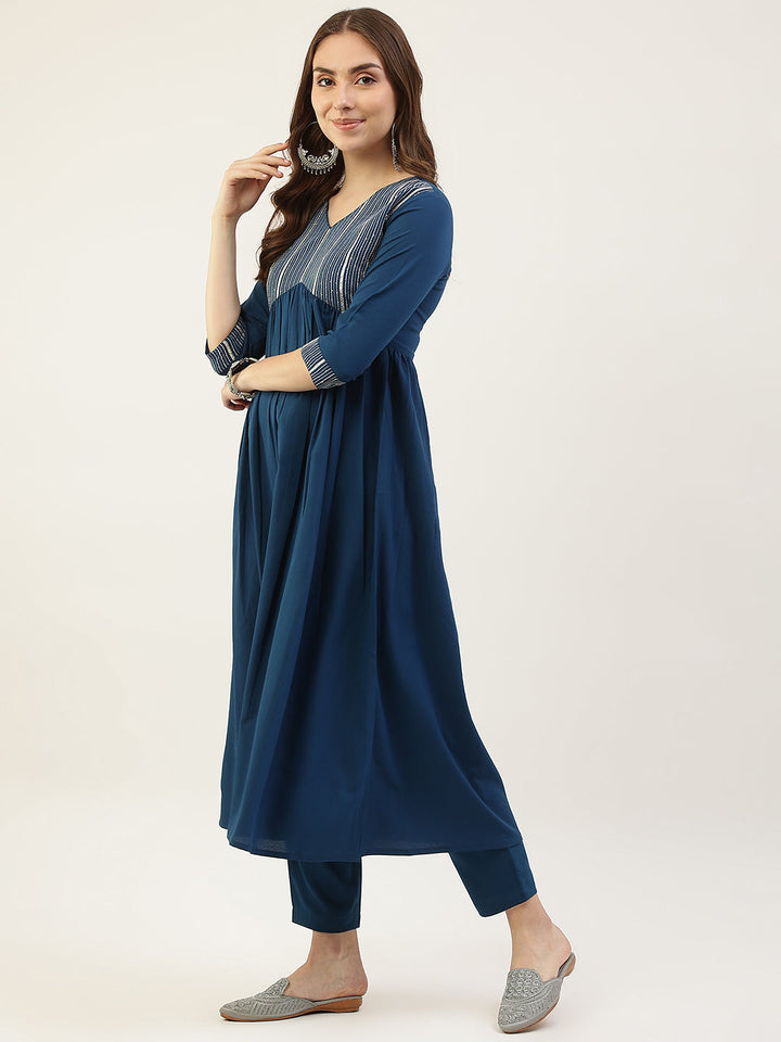 Teal-Blue-Poly-Crepe-Straight-3-Piece-Kurta-Set