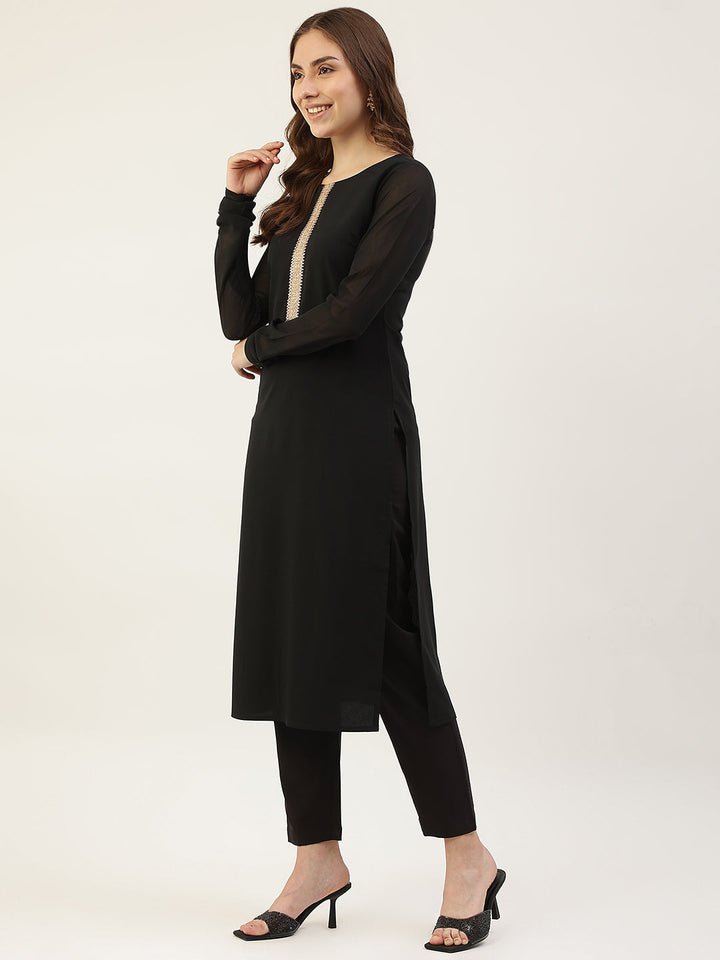 Black-Poly-Crepe-Straight-3-Piece-Kurta-Set