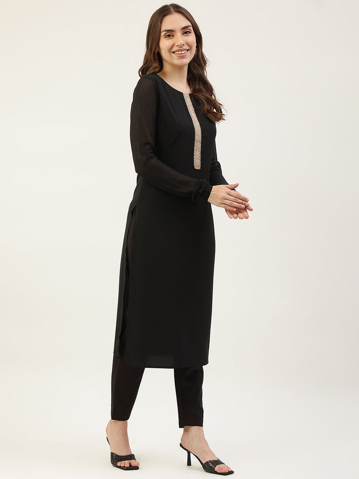 Black-Poly-Crepe-Straight-3-Piece-Kurta-Set