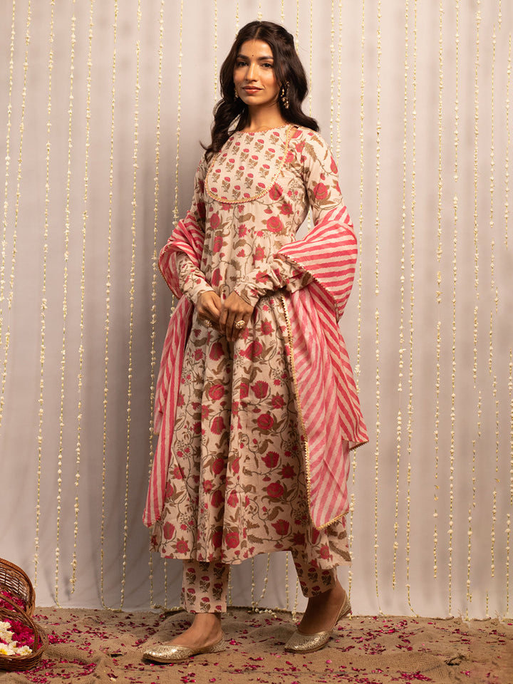 Beige-Pure-Cotton-Flared-3-Piece-Kurta-Set