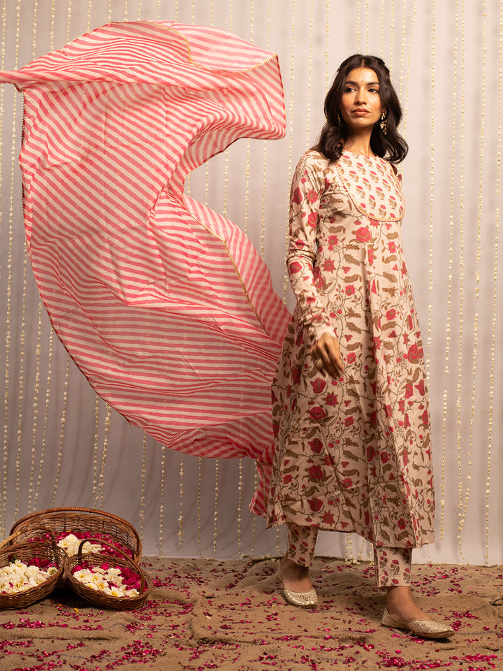 Beige-Pure-Cotton-Flared-3-Piece-Kurta-Set