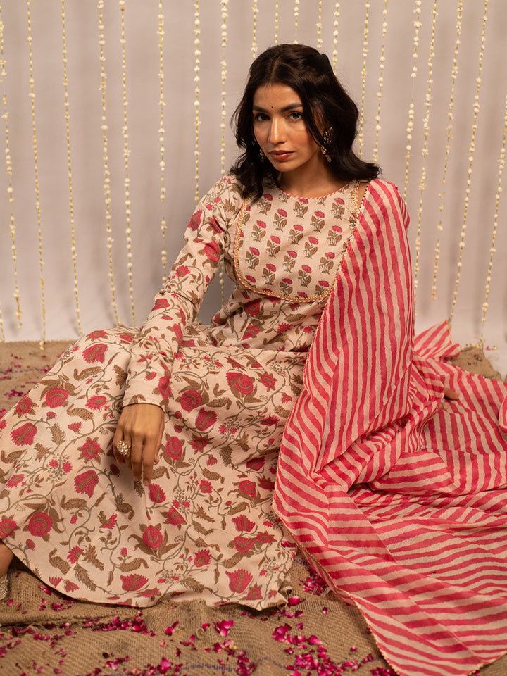 Beige-Pure-Cotton-Flared-3-Piece-Kurta-Set