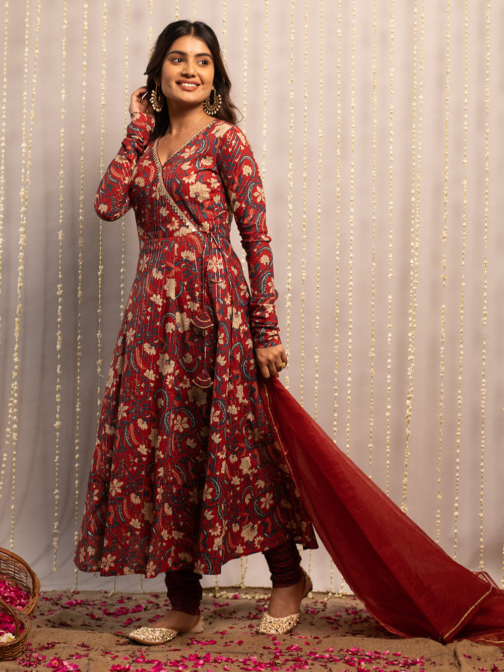 Red-Rust-Pure-Cotton-Flared-3-Piece-Anarkali-Set