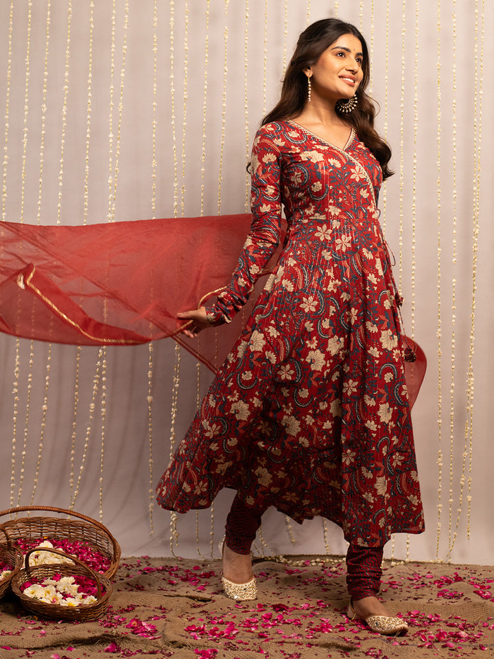 Red-Rust-Pure-Cotton-Flared-3-Piece-Anarkali-Set