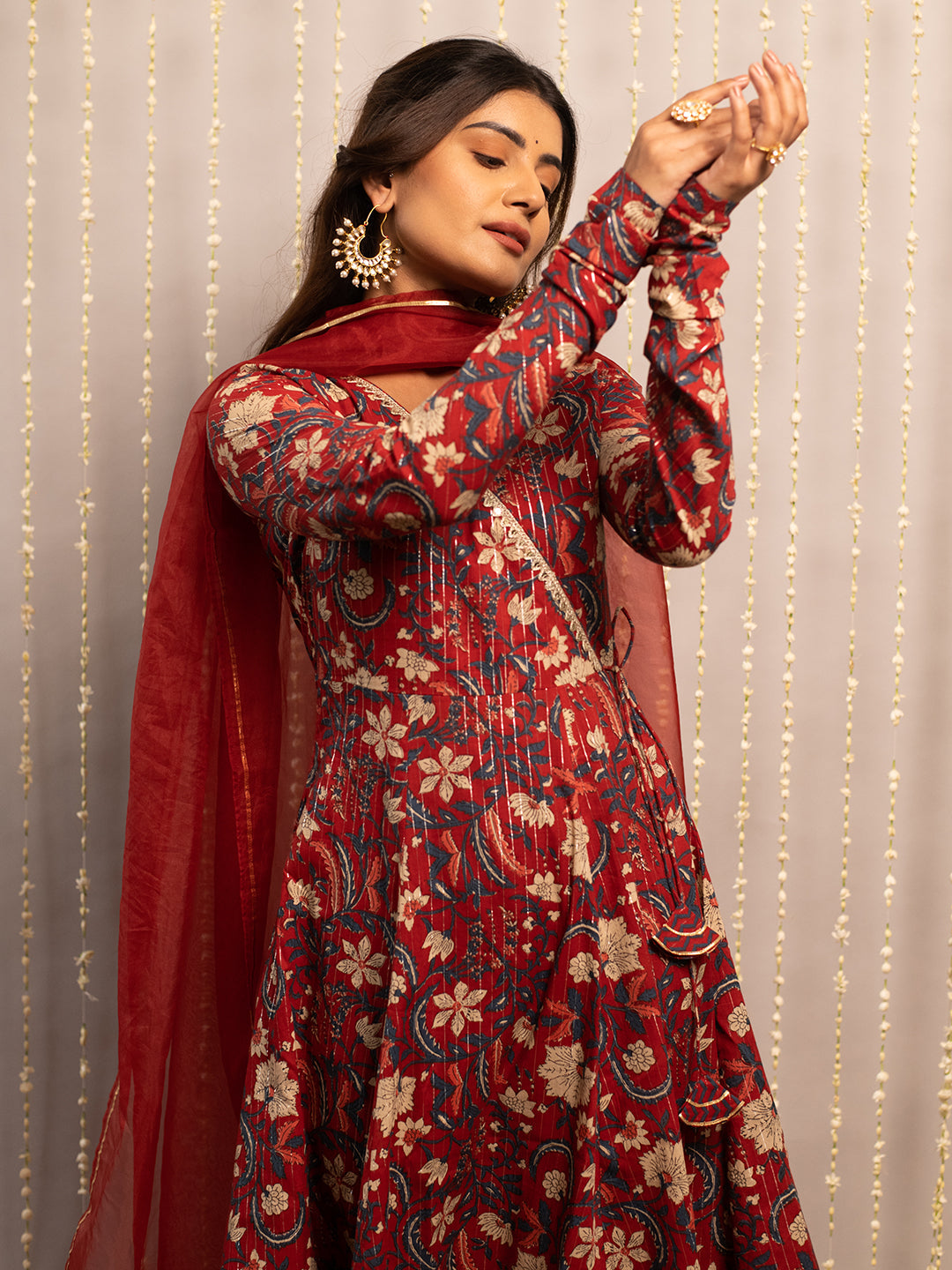 Red-Rust-Pure-Cotton-Flared-3-Piece-Anarkali-Set
