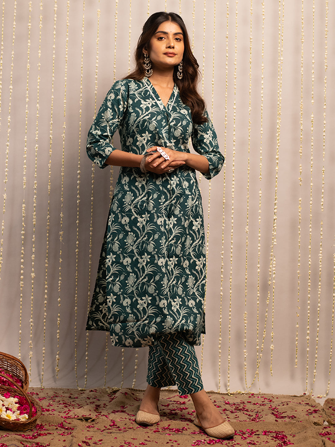 Teal-Blue-Cotton-A-Line-2-Piece-Kurta-Set