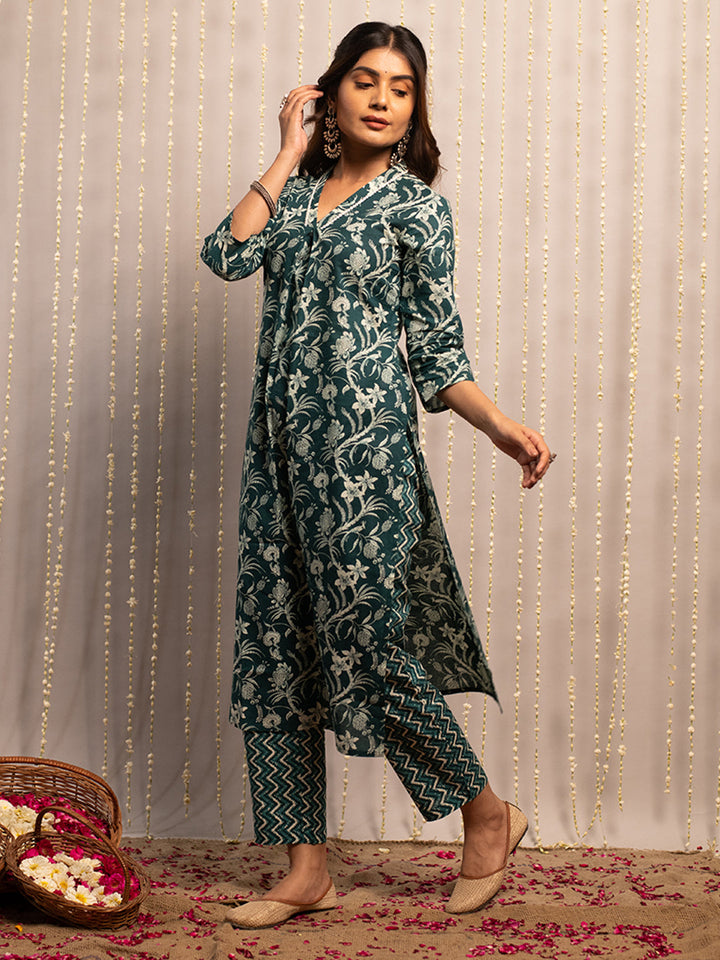 Teal-Blue-Cotton-A-Line-2-Piece-Kurta-Set
