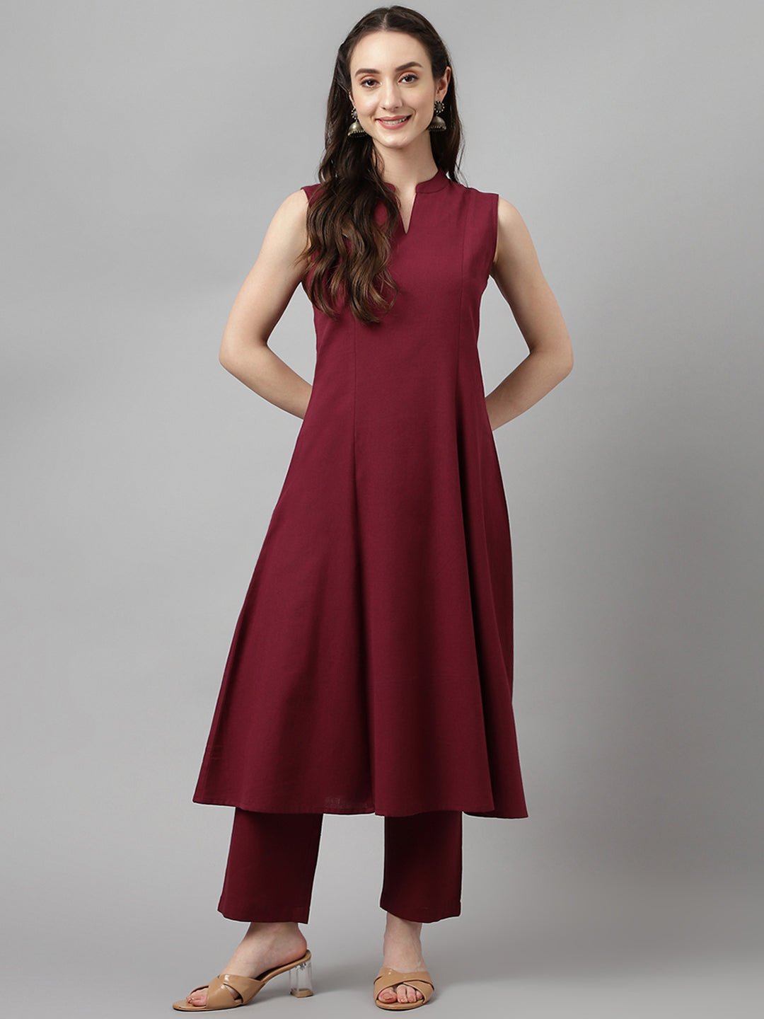 Maroon-Rayon-A-Line-Sleeveless-2-Piece-Kurta-Set