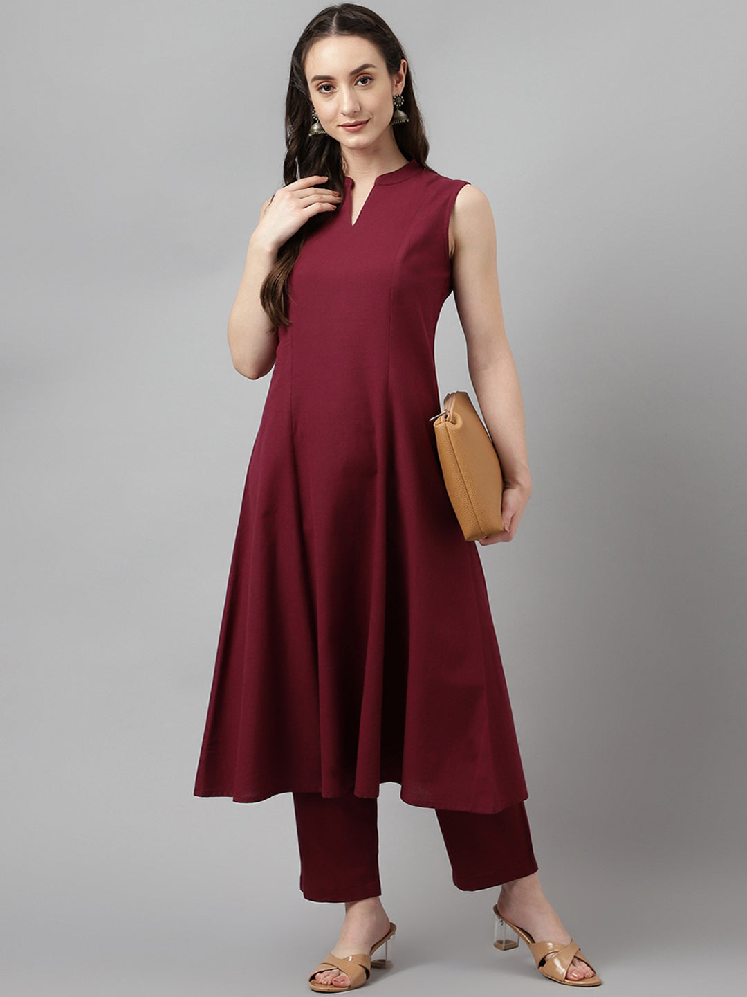 Maroon-Rayon-A-Line-Sleeveless-2-Piece-Kurta-Set