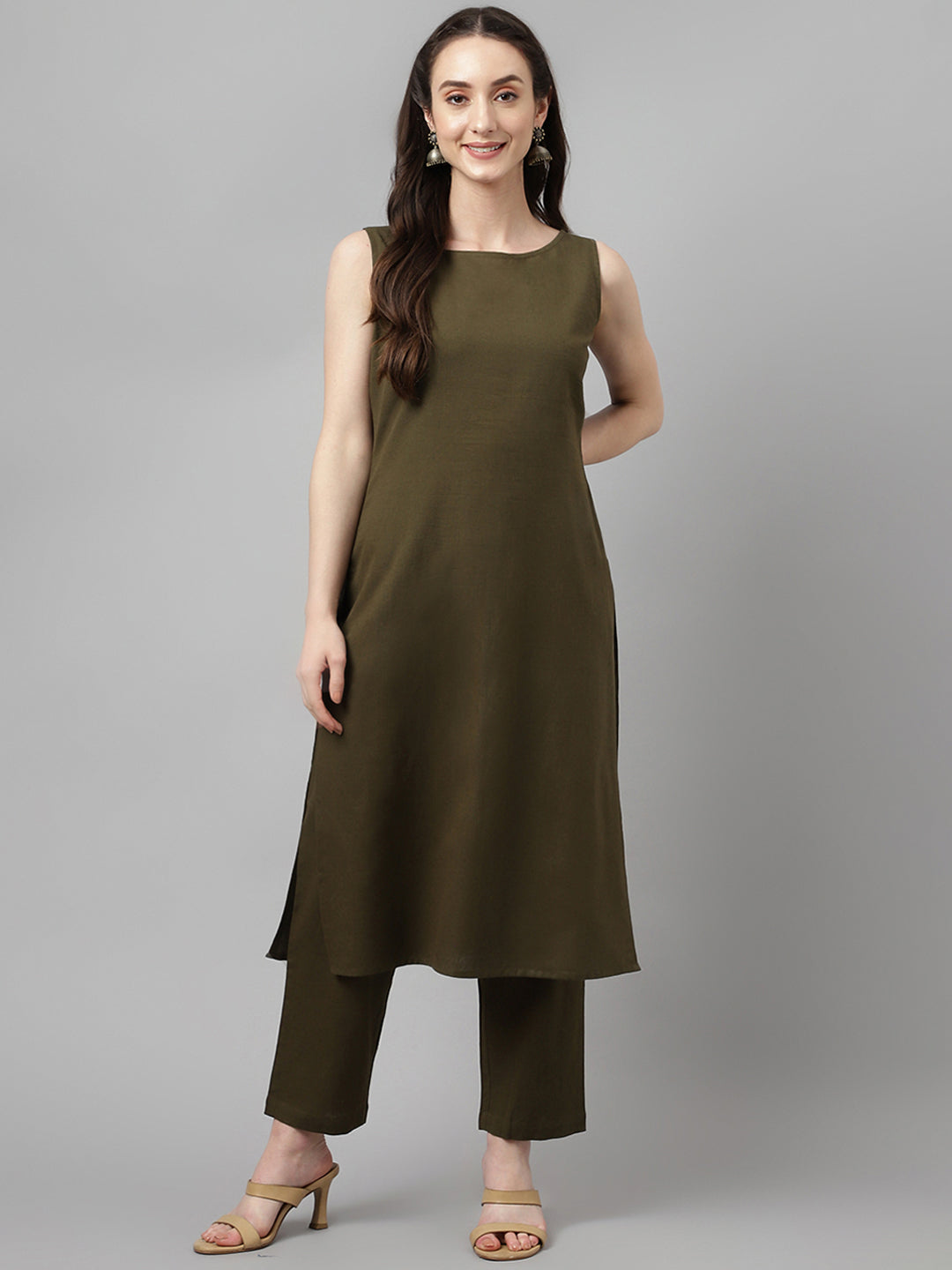 Olive-Green-Rayon-Straight-Sleeveless-2-Piece-Kurta-Set
