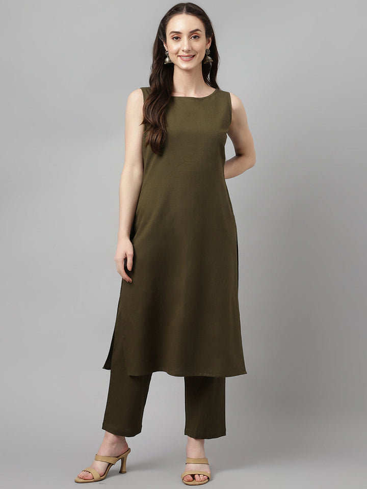 Olive-Green-Rayon-Straight-Sleeveless-2-Piece-Kurta-Set