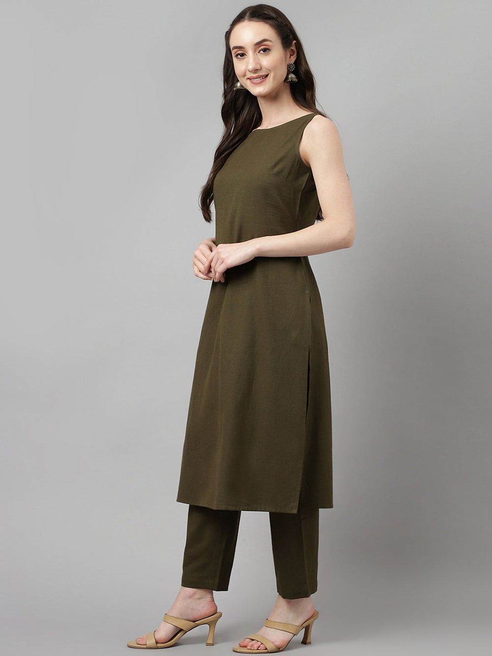 Olive-Green-Rayon-Straight-Sleeveless-2-Piece-Kurta-Set