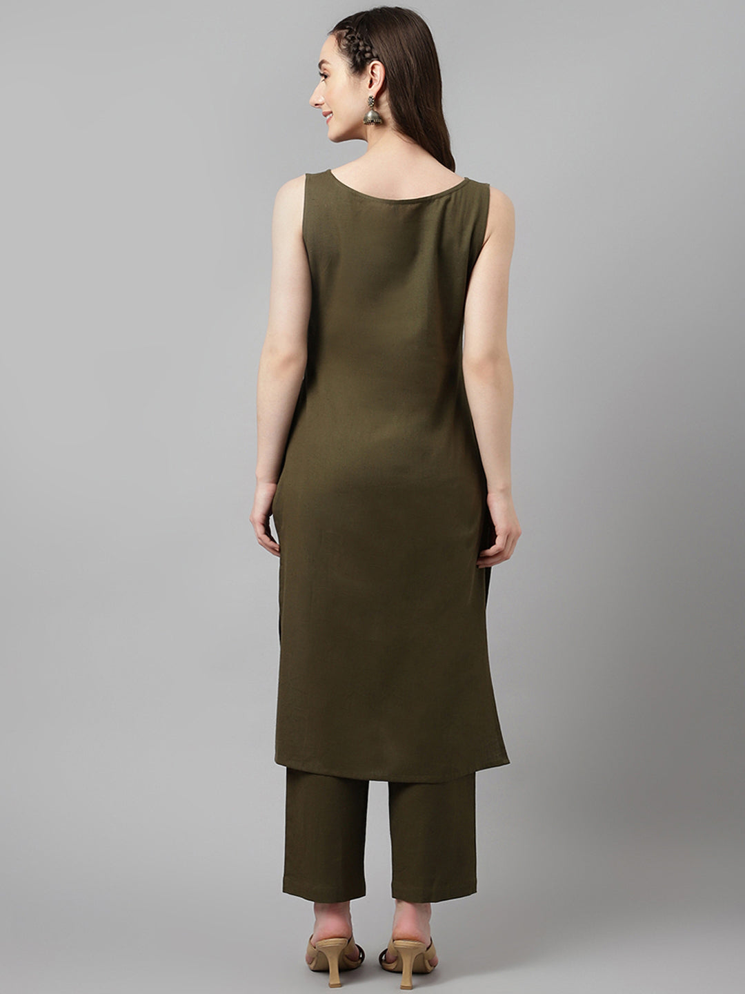 Olive-Green-Rayon-Straight-Sleeveless-2-Piece-Kurta-Set