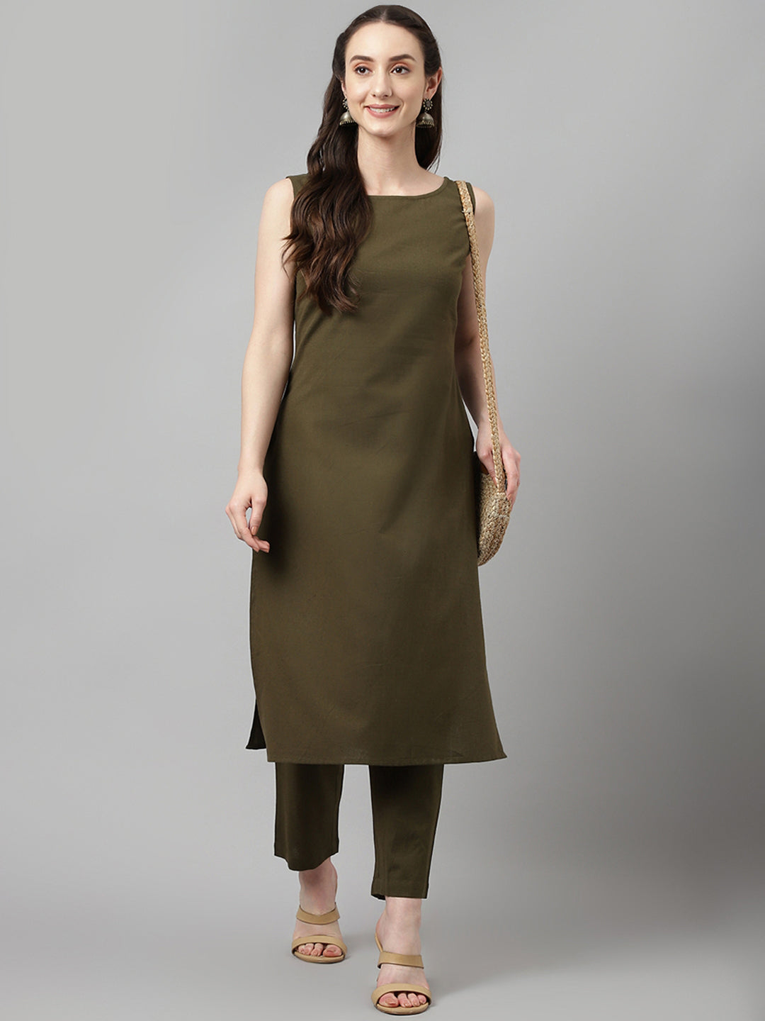 Olive-Green-Rayon-Straight-Sleeveless-2-Piece-Kurta-Set