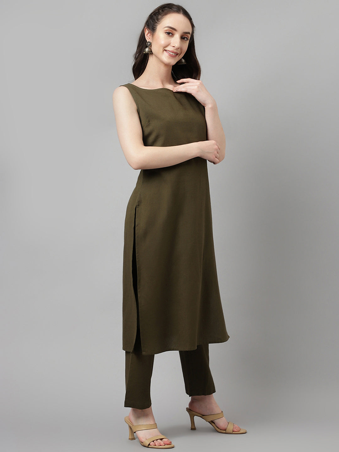 Olive-Green-Rayon-Straight-Sleeveless-2-Piece-Kurta-Set