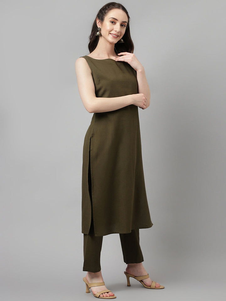 Olive-Green-Rayon-Straight-Sleeveless-2-Piece-Kurta-Set
