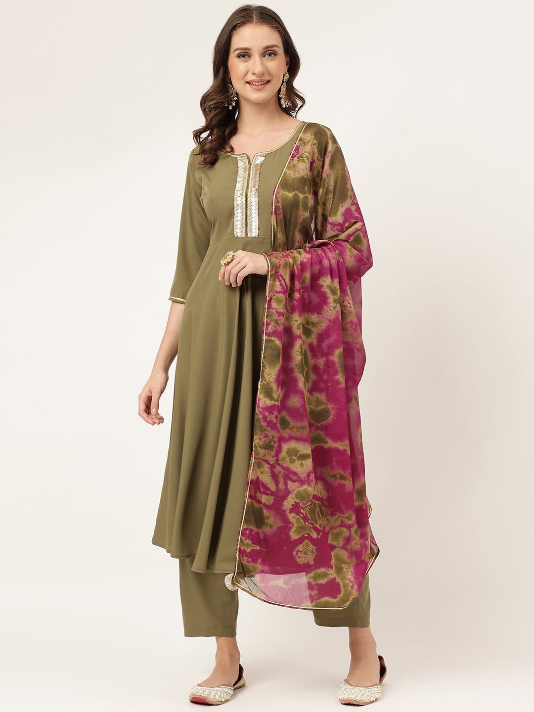 Olive-Green-Poly-Crepe-A-Line-3-Piece-Kurta-Set