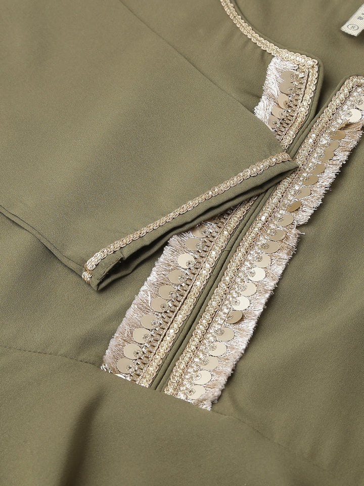 Olive-Green-Poly-Crepe-A-Line-3-Piece-Kurta-Set