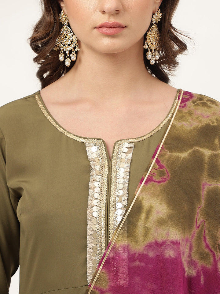 Olive-Green-Poly-Crepe-A-Line-3-Piece-Kurta-Set