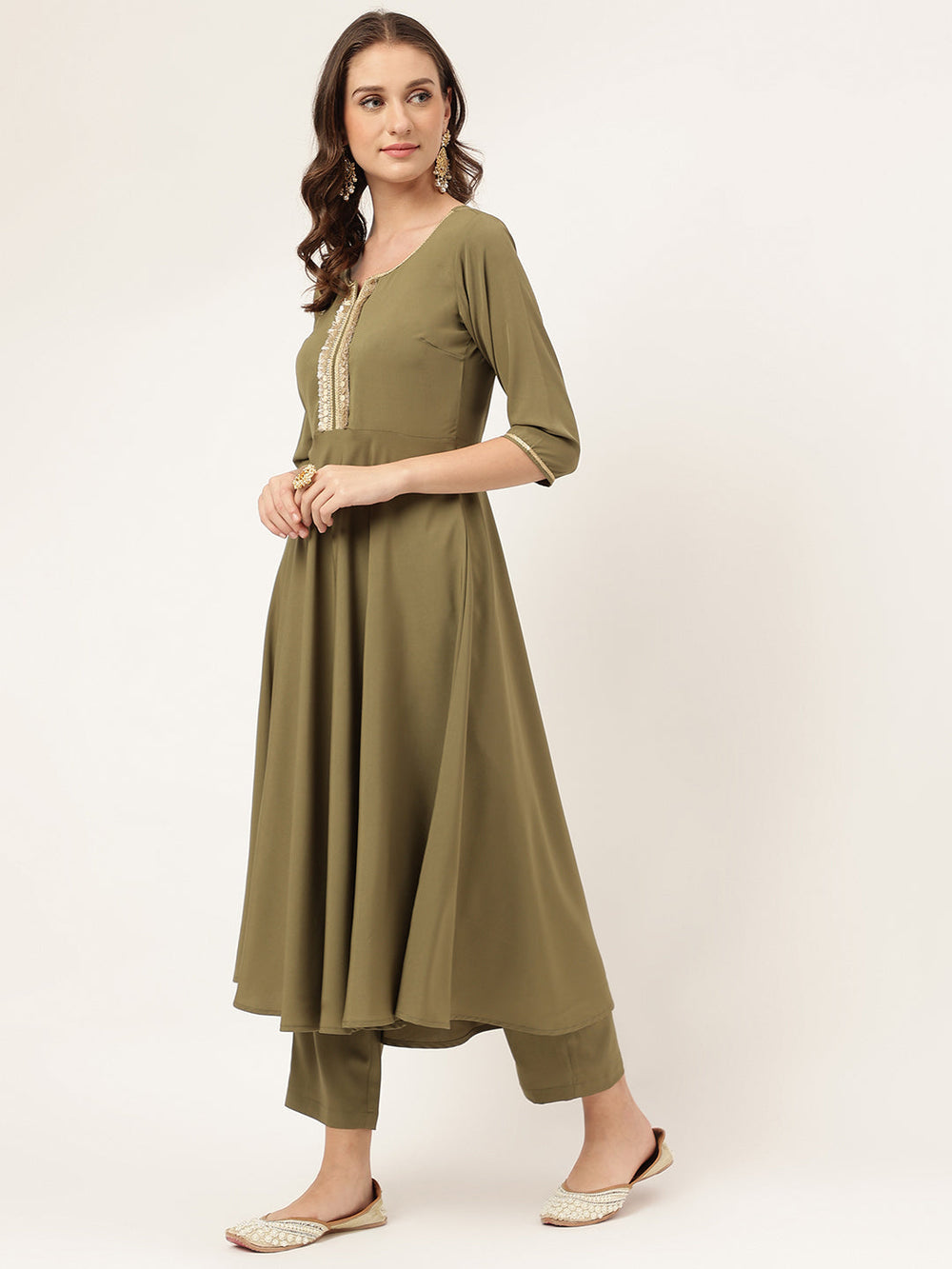 Olive-Green-Poly-Crepe-A-Line-3-Piece-Kurta-Set