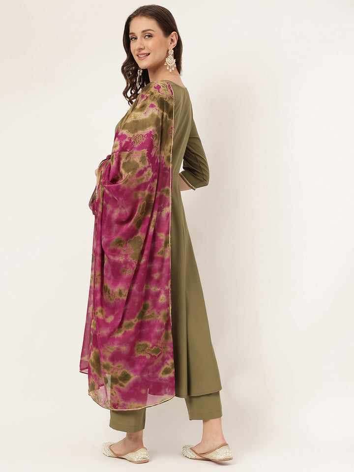 Olive-Green-Poly-Crepe-A-Line-3-Piece-Kurta-Set