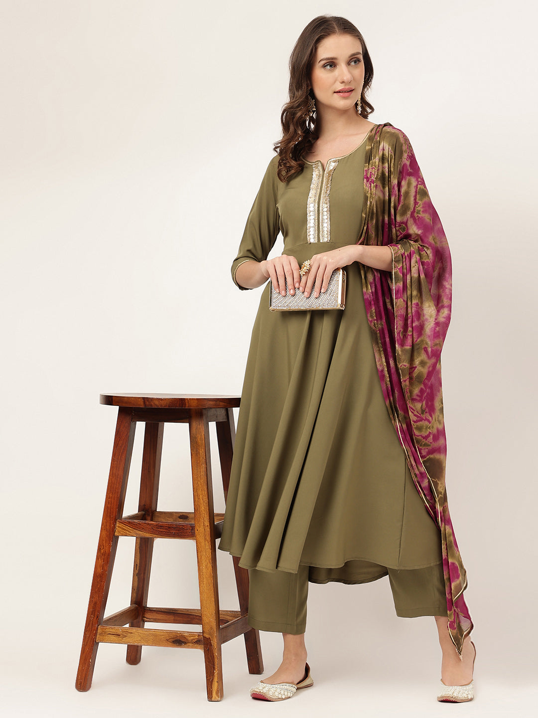 Olive-Green-Poly-Crepe-A-Line-3-Piece-Kurta-Set