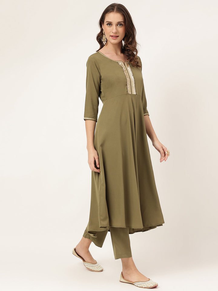Olive-Green-Poly-Crepe-A-Line-3-Piece-Kurta-Set