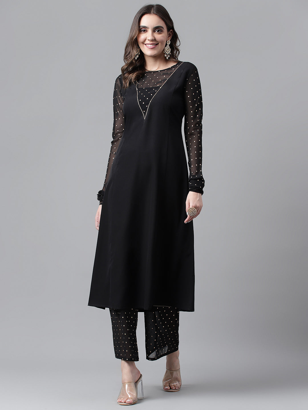 Black-Poly-Crepe-A-Line-2-Piece-Kurta-Set