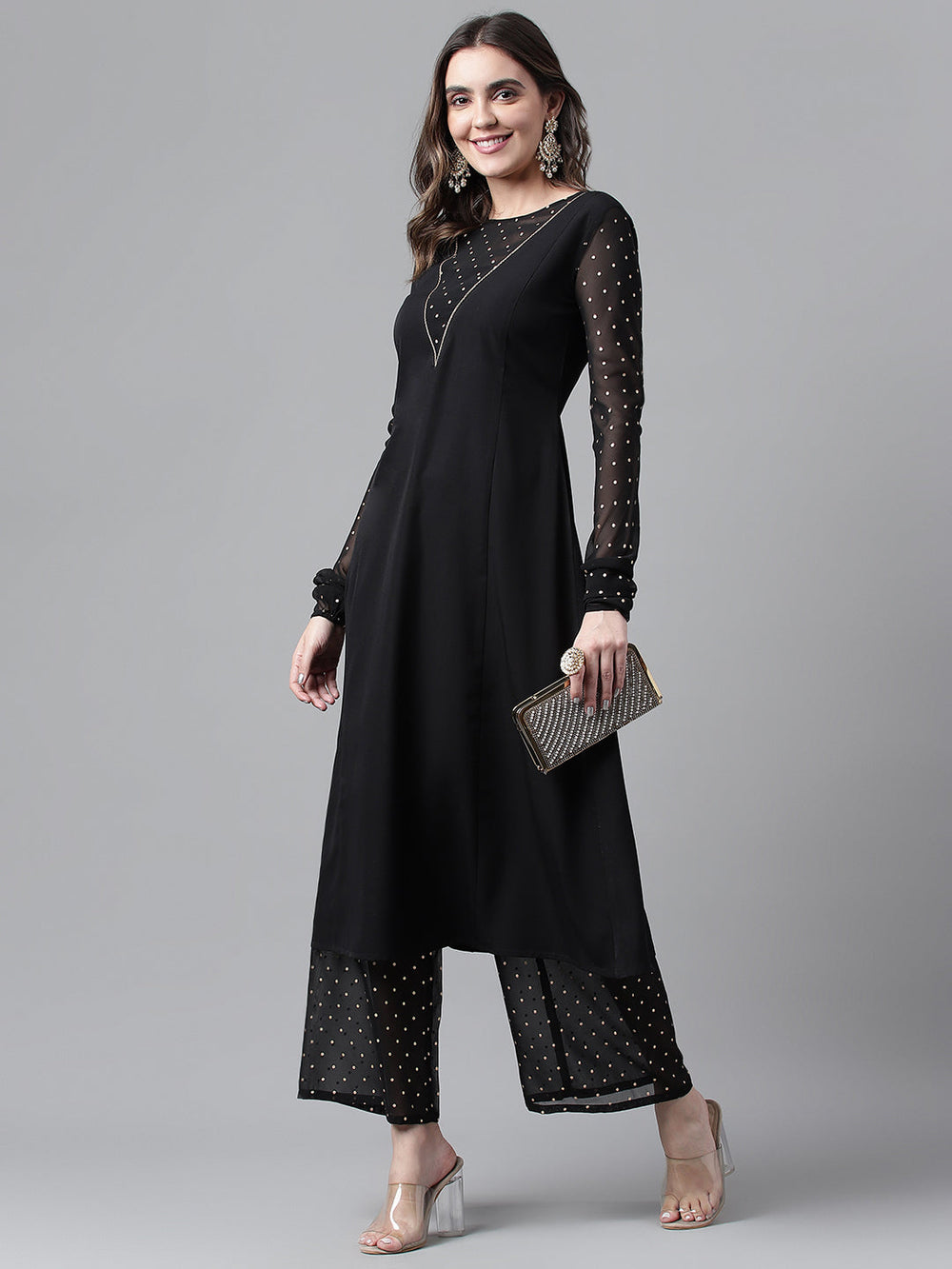 Black-Poly-Crepe-A-Line-2-Piece-Kurta-Set