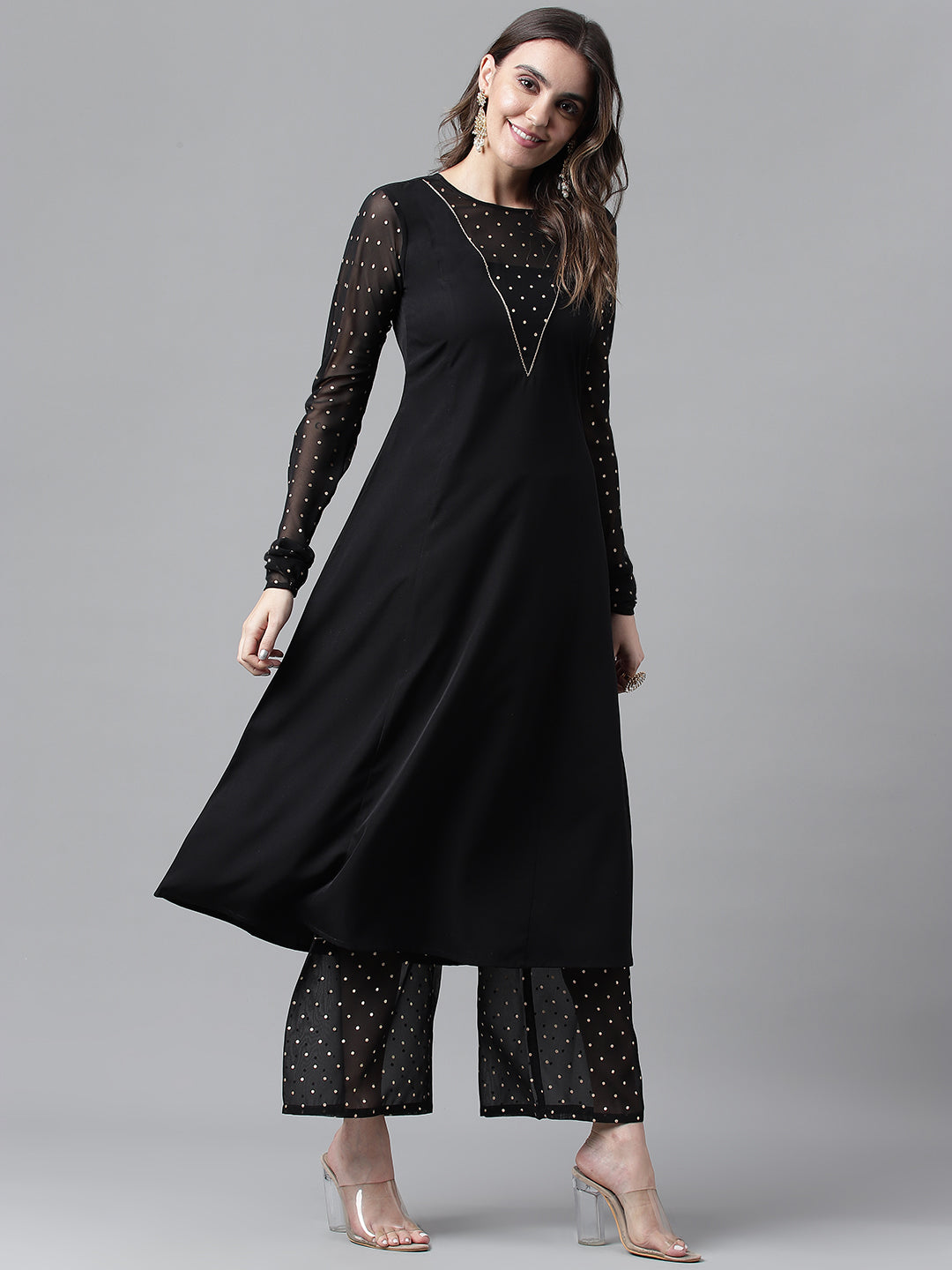 Black-Poly-Crepe-A-Line-2-Piece-Kurta-Set