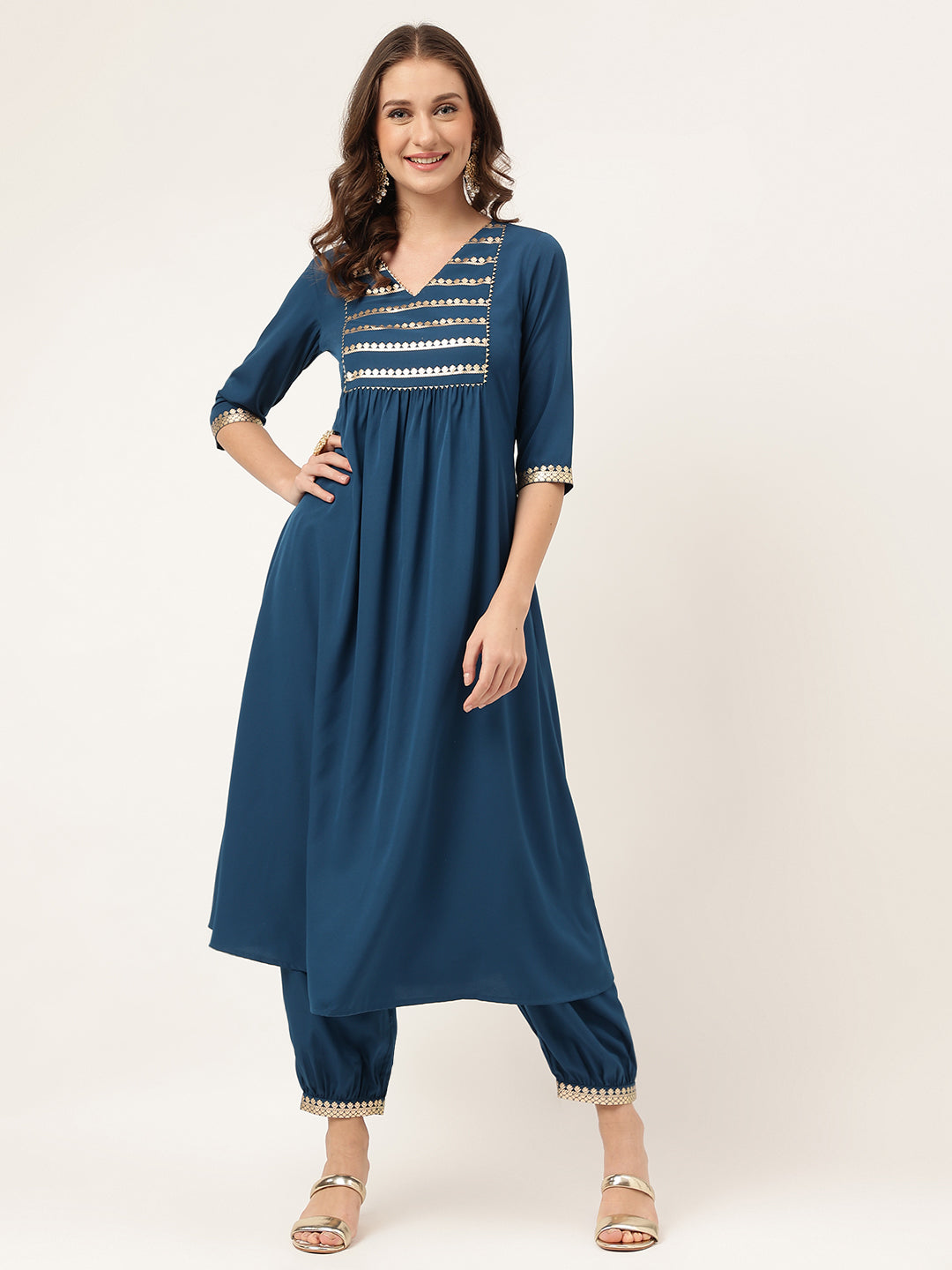 Teal-Blue-Poly-Crepe-A-Line-2-Piece-Kurta-Set
