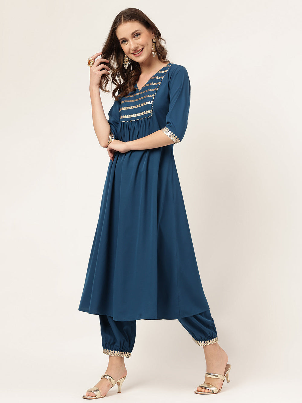 Teal-Blue-Poly-Crepe-A-Line-2-Piece-Kurta-Set