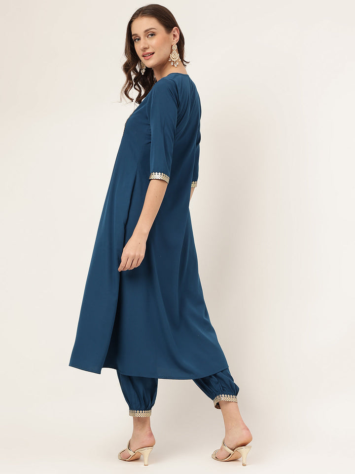Teal-Blue-Poly-Crepe-A-Line-2-Piece-Kurta-Set