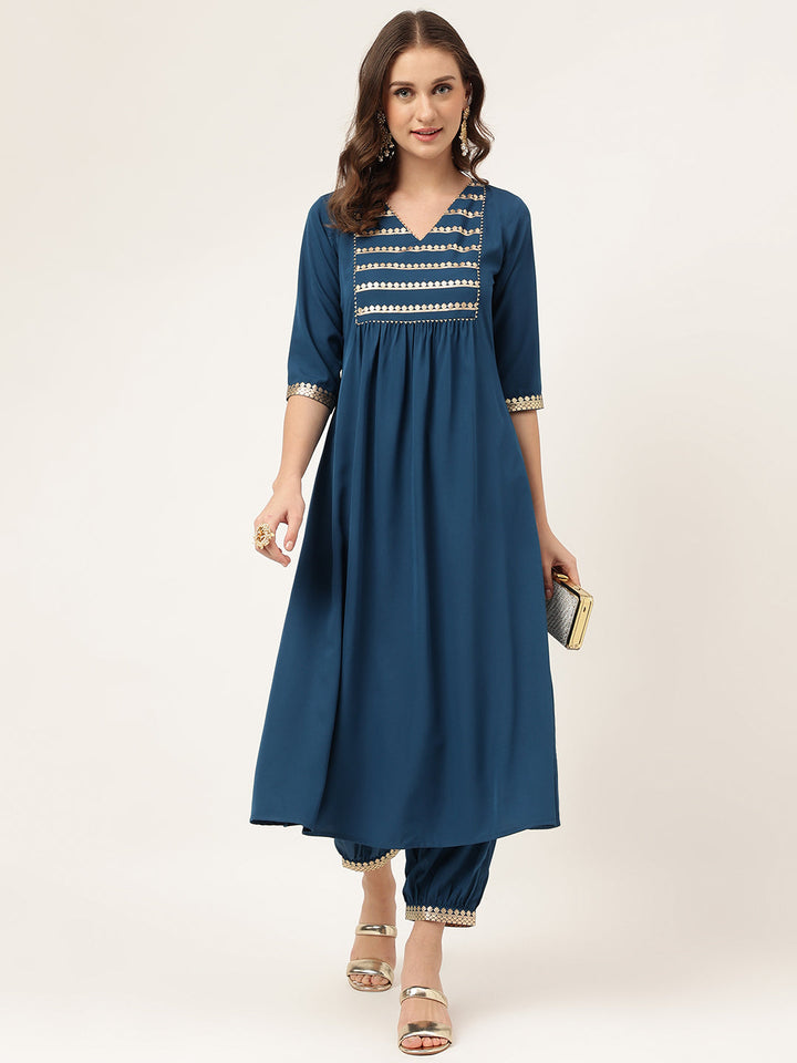 Teal-Blue-Poly-Crepe-A-Line-2-Piece-Kurta-Set