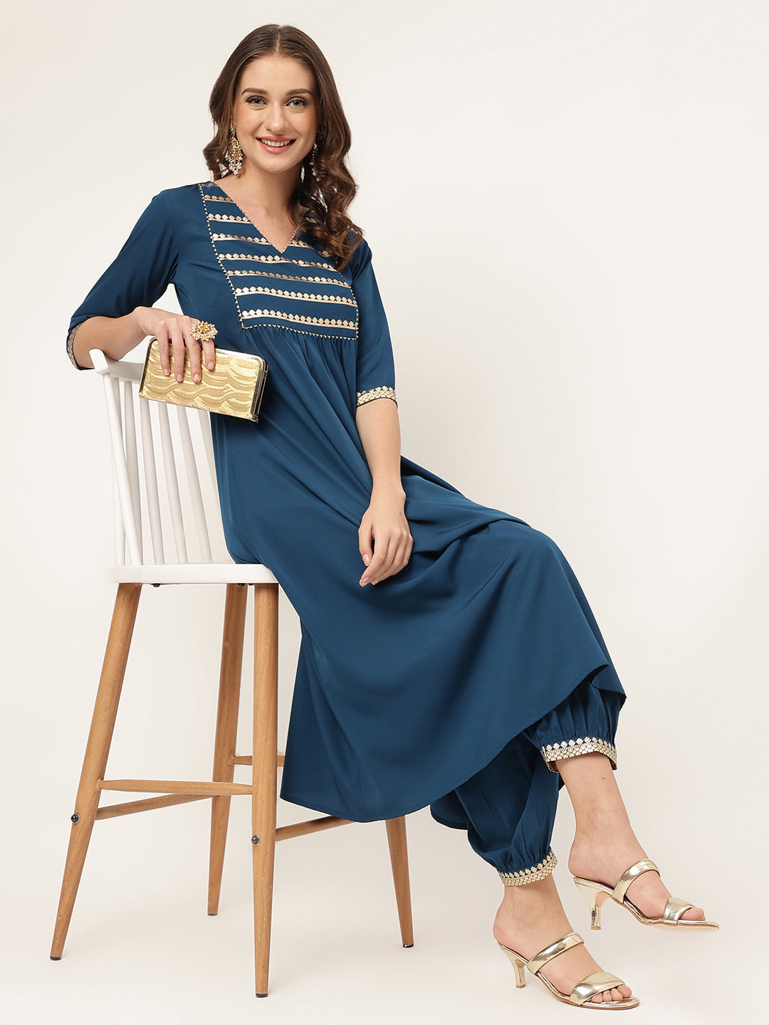 Teal-Blue-Poly-Crepe-A-Line-2-Piece-Kurta-Set