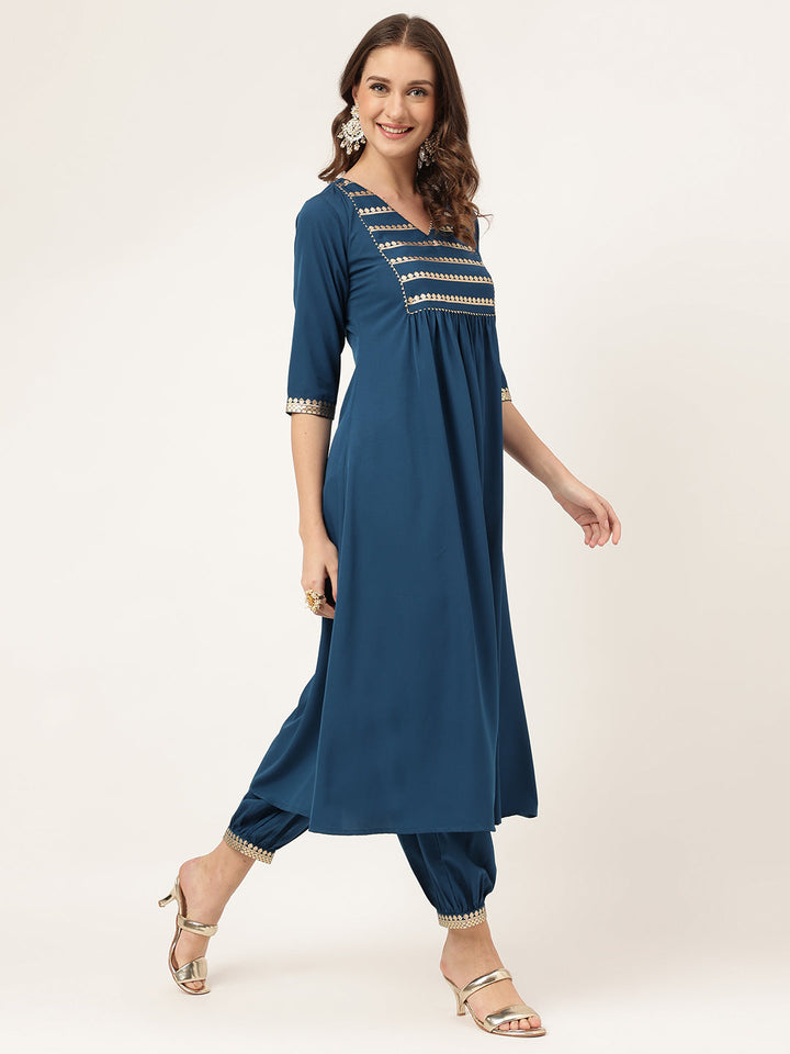 Teal-Blue-Poly-Crepe-A-Line-2-Piece-Kurta-Set