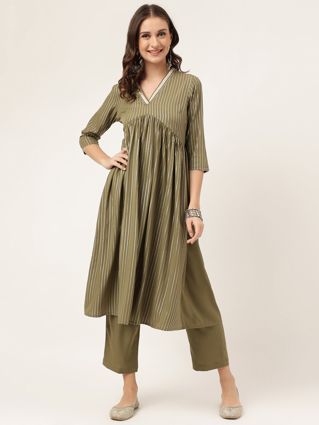 Olive-Green-Poly-Crepe-A-Line-2-Piece-Kurta-Set