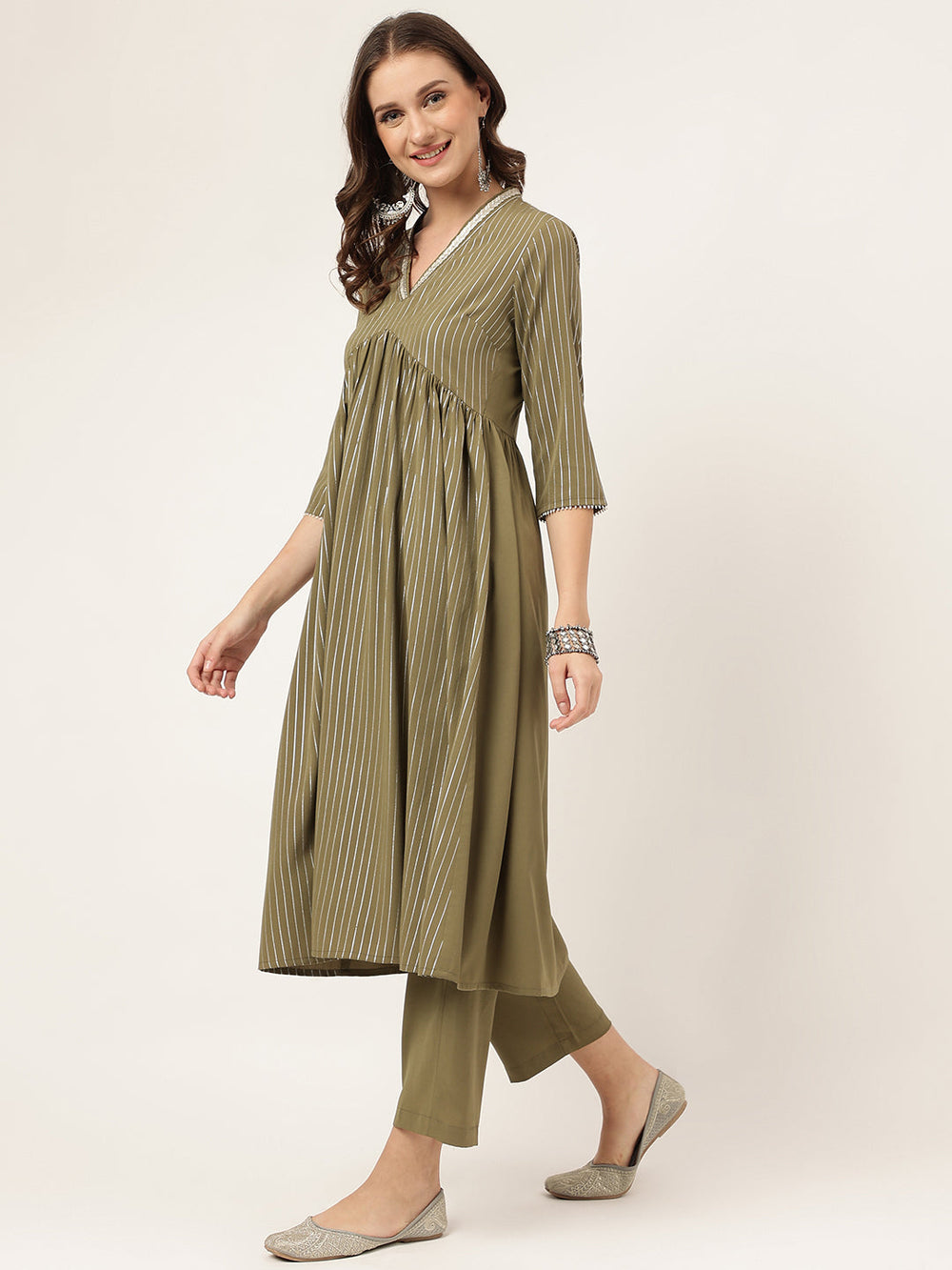 Olive-Green-Poly-Crepe-A-Line-2-Piece-Kurta-Set