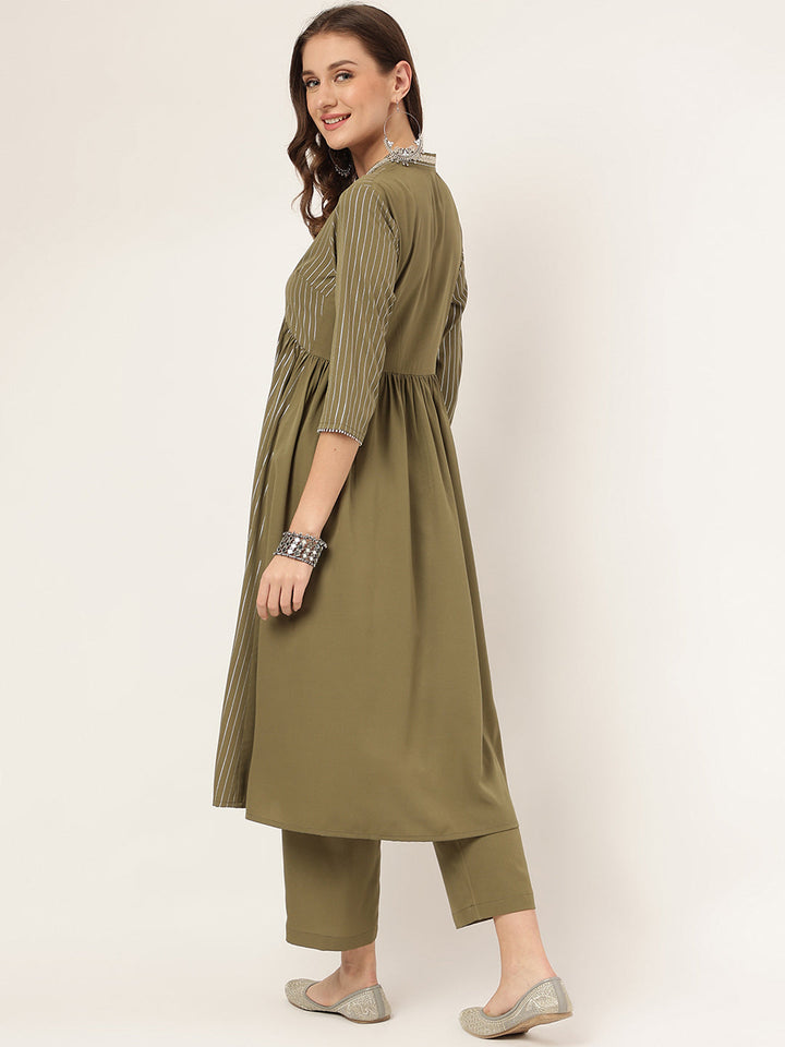 Olive-Green-Poly-Crepe-A-Line-2-Piece-Kurta-Set