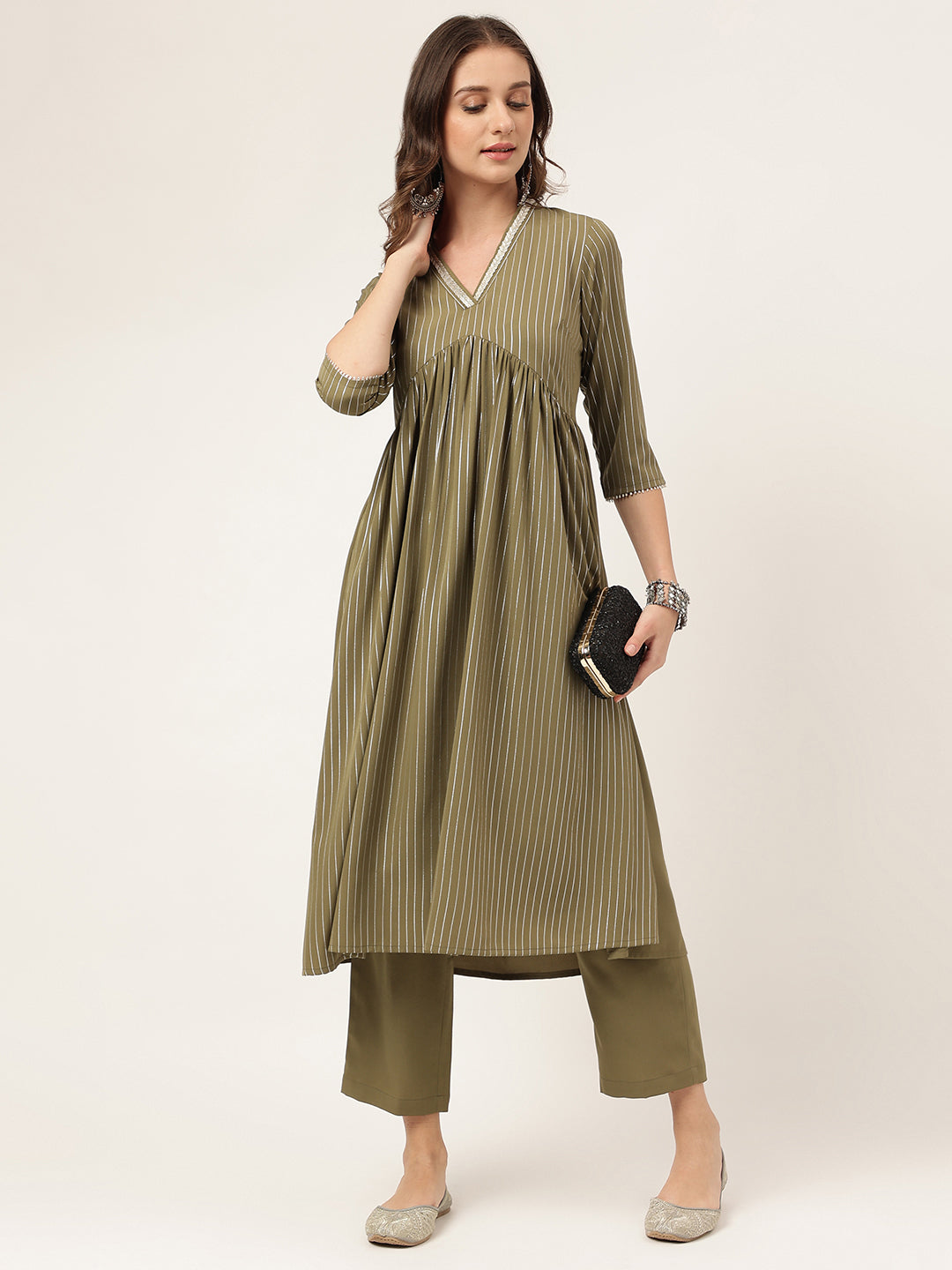 Olive-Green-Poly-Crepe-A-Line-2-Piece-Kurta-Set