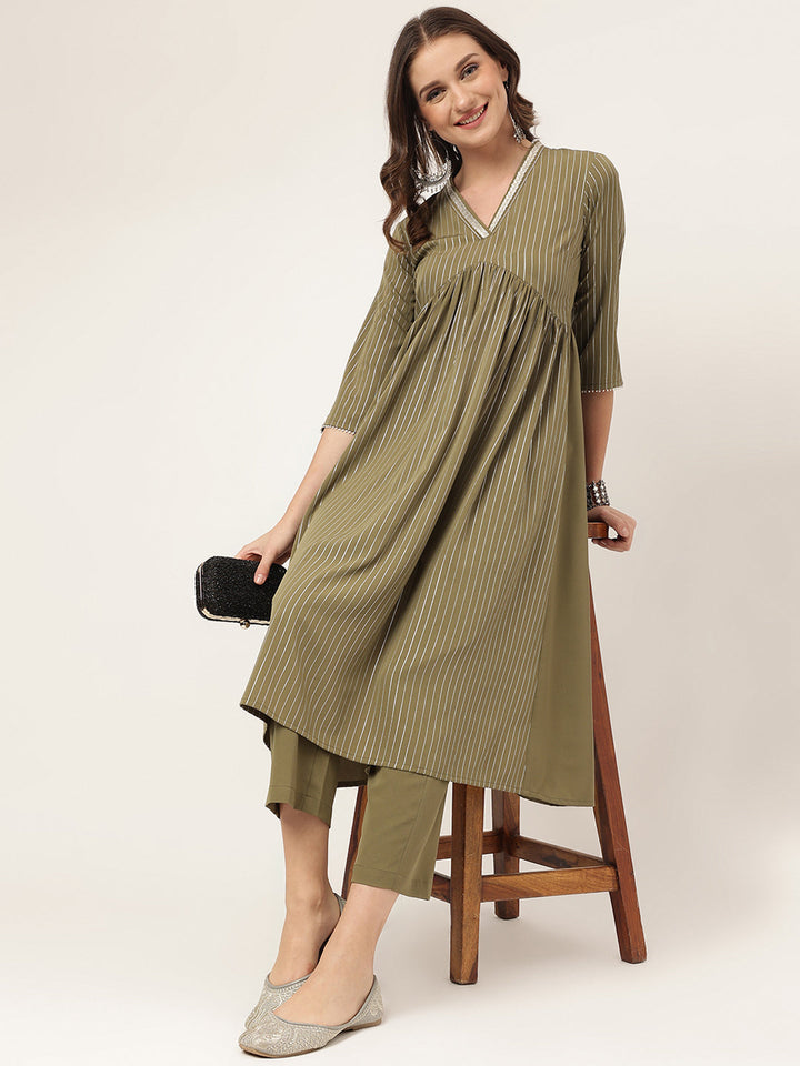 Olive-Green-Poly-Crepe-A-Line-2-Piece-Kurta-Set