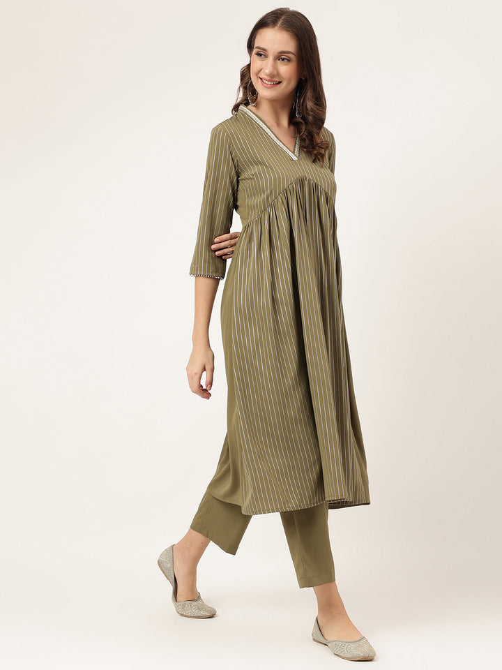 Olive-Green-Poly-Crepe-A-Line-2-Piece-Kurta-Set