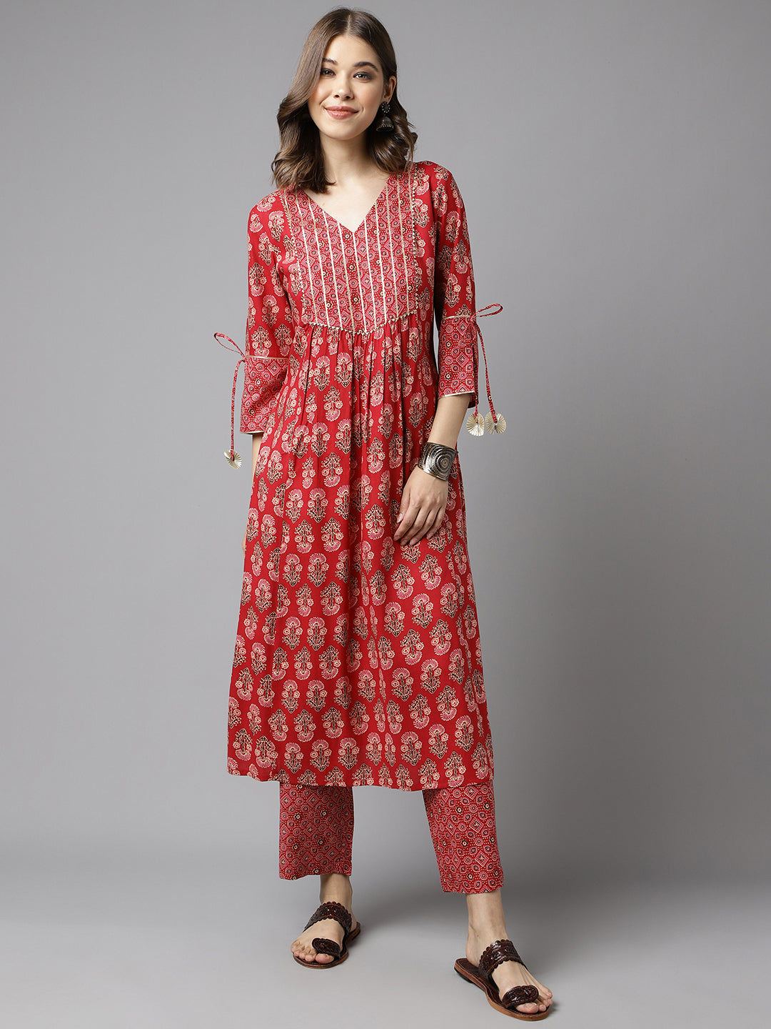 Red-Cotton-Floral-A-Line-Kurta-Pant