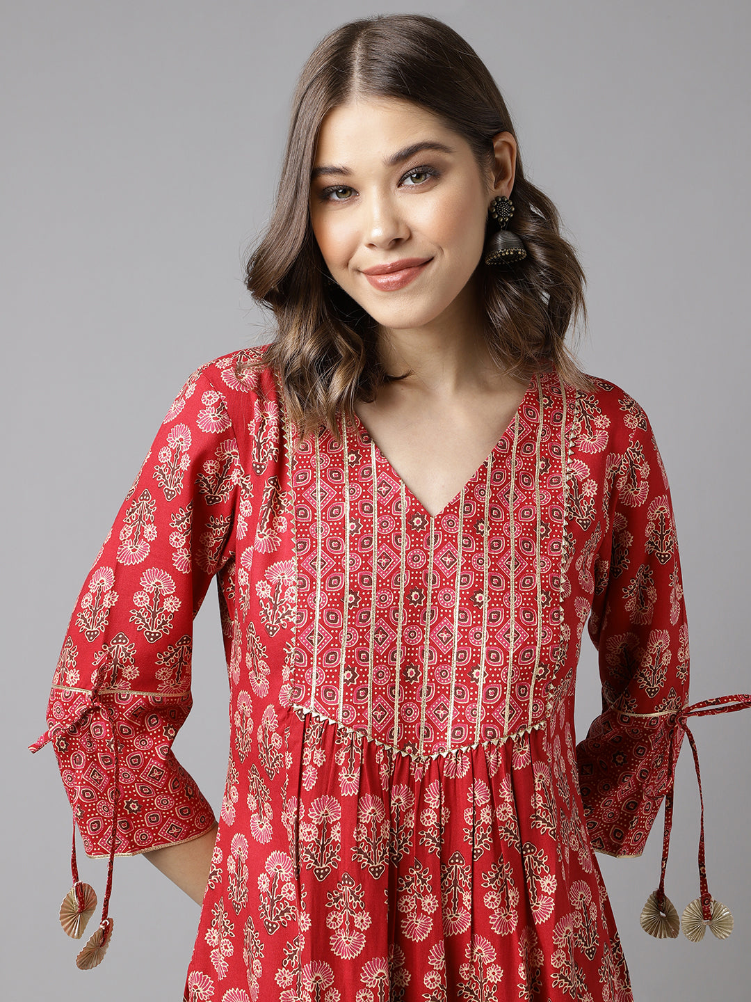 Red-Cotton-Floral-A-Line-Kurta-Pant