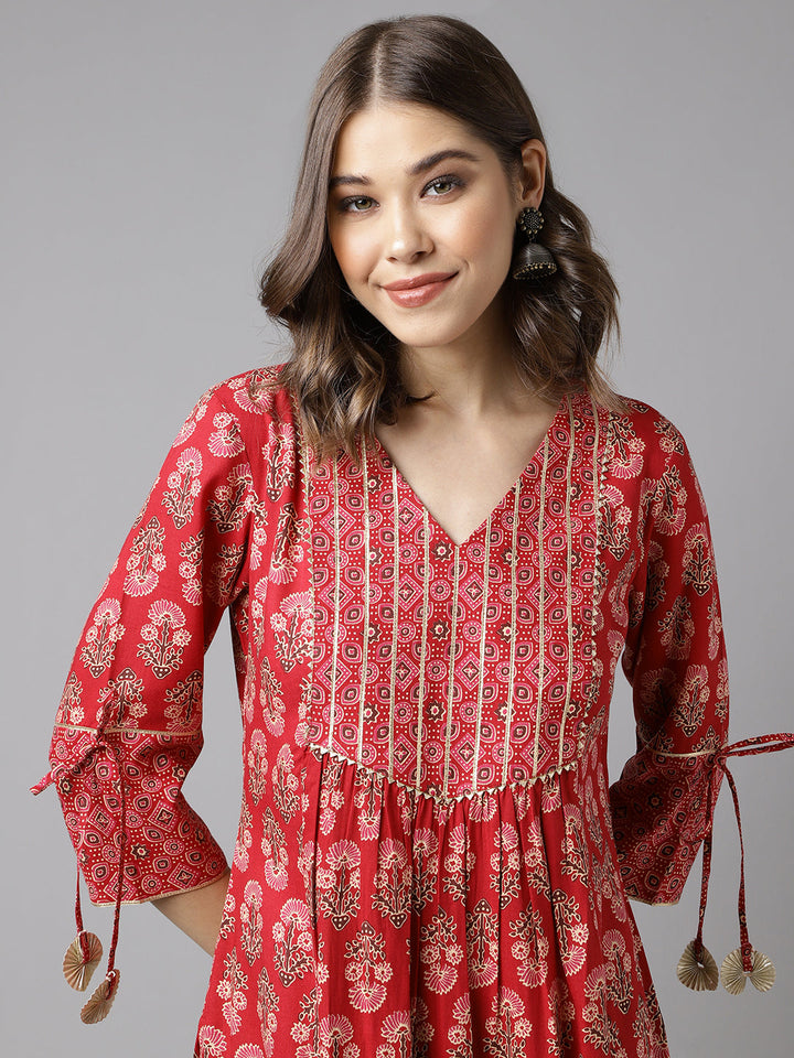 Red-Cotton-Floral-A-Line-Kurta-Pant