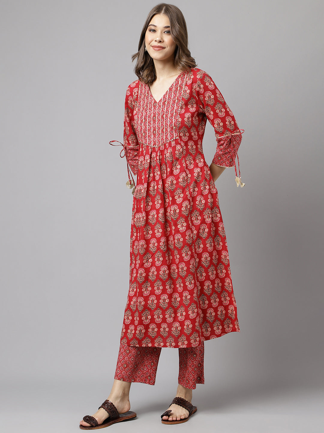 Red-Cotton-Floral-A-Line-Kurta-Pant