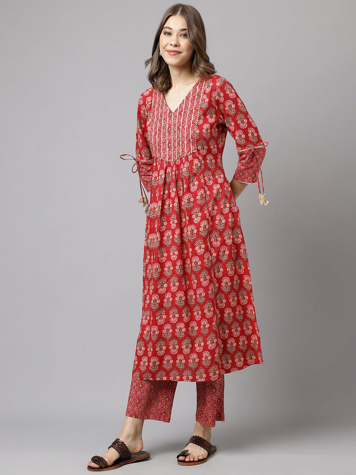Red-Cotton-Floral-A-Line-Kurta-Pant